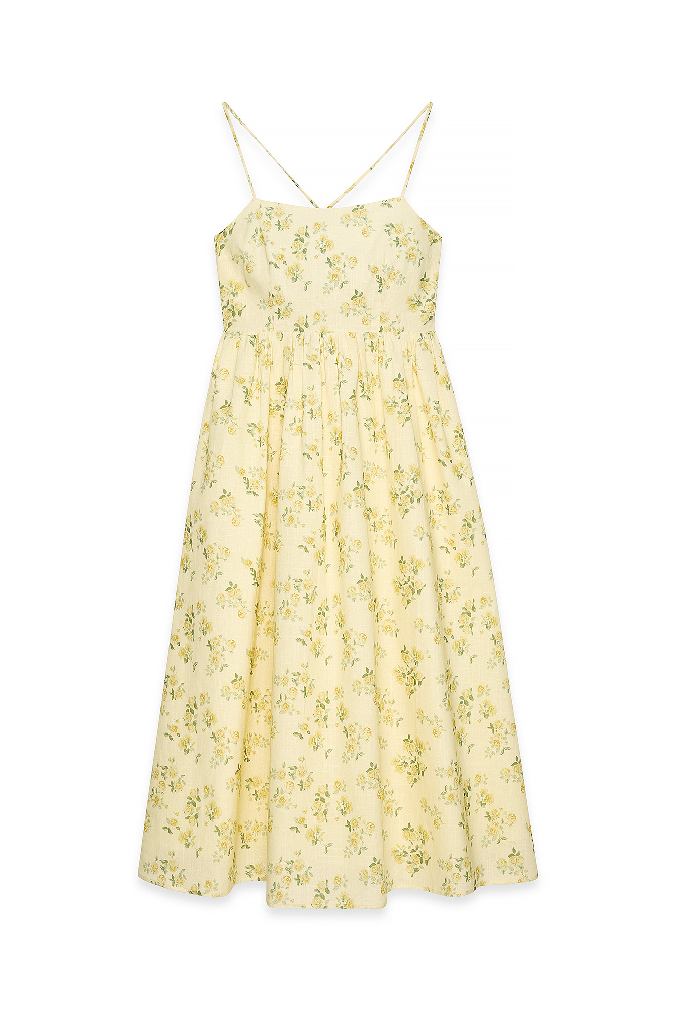 Yellow Flower Open Back Tie Detail Midi Dress