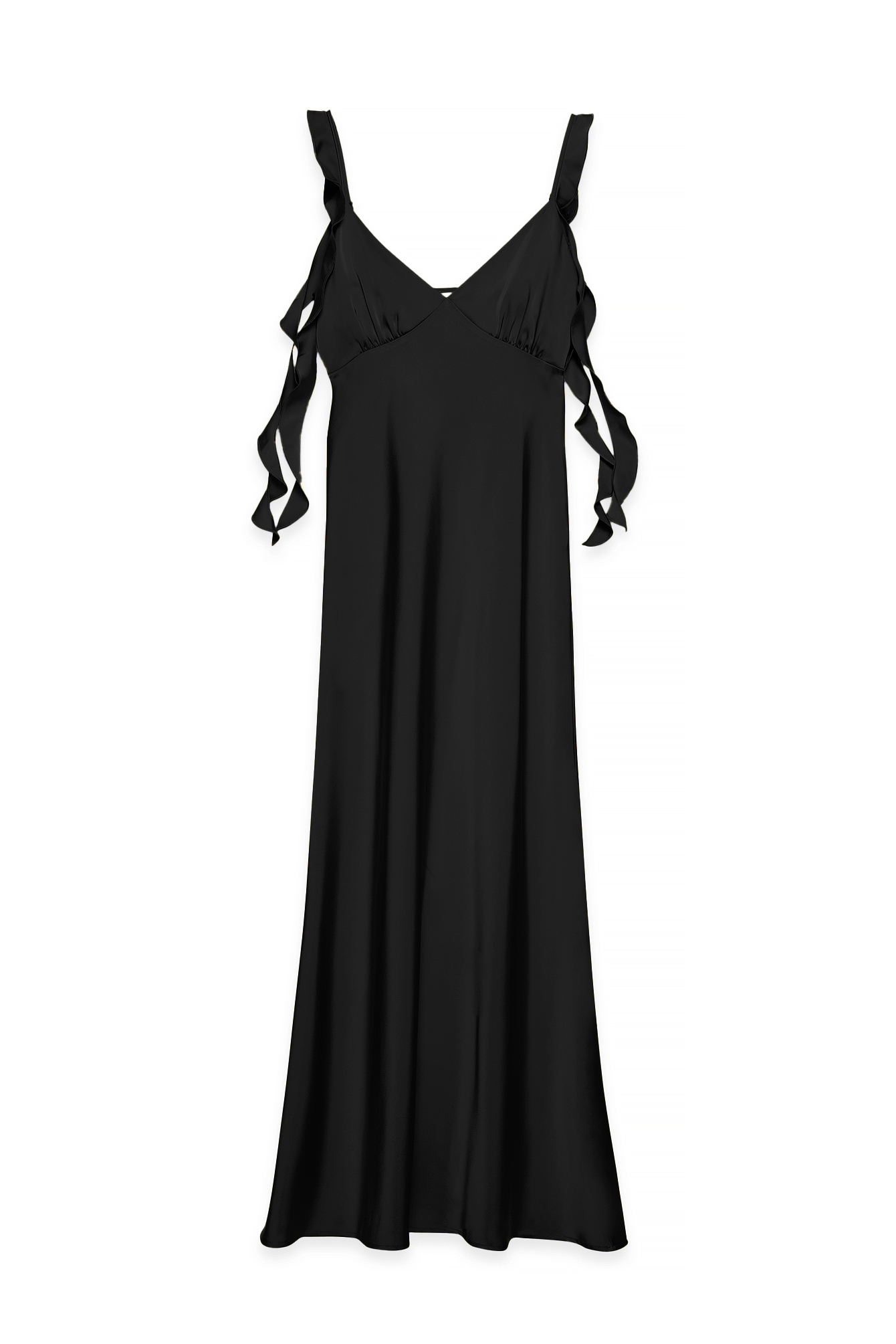 Black Satin Ruffle Shoulder Maxi Dress