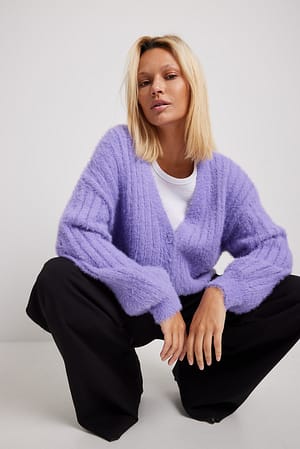 Lilac Knitted Ribbed Fuzzy Cardigan