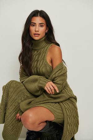 Olive Green Cable Knitted Long High Neck Dress