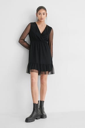 Black Dot Detail Chiffon Dress