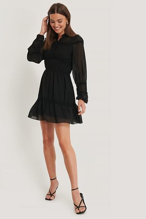 Black Frill Detail LS Mini Dress